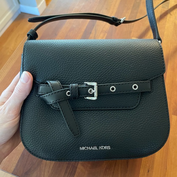 Michael Kors Emilia Black Pebbled Leather Saddle Crossbody Bag - Picture 3 of 7